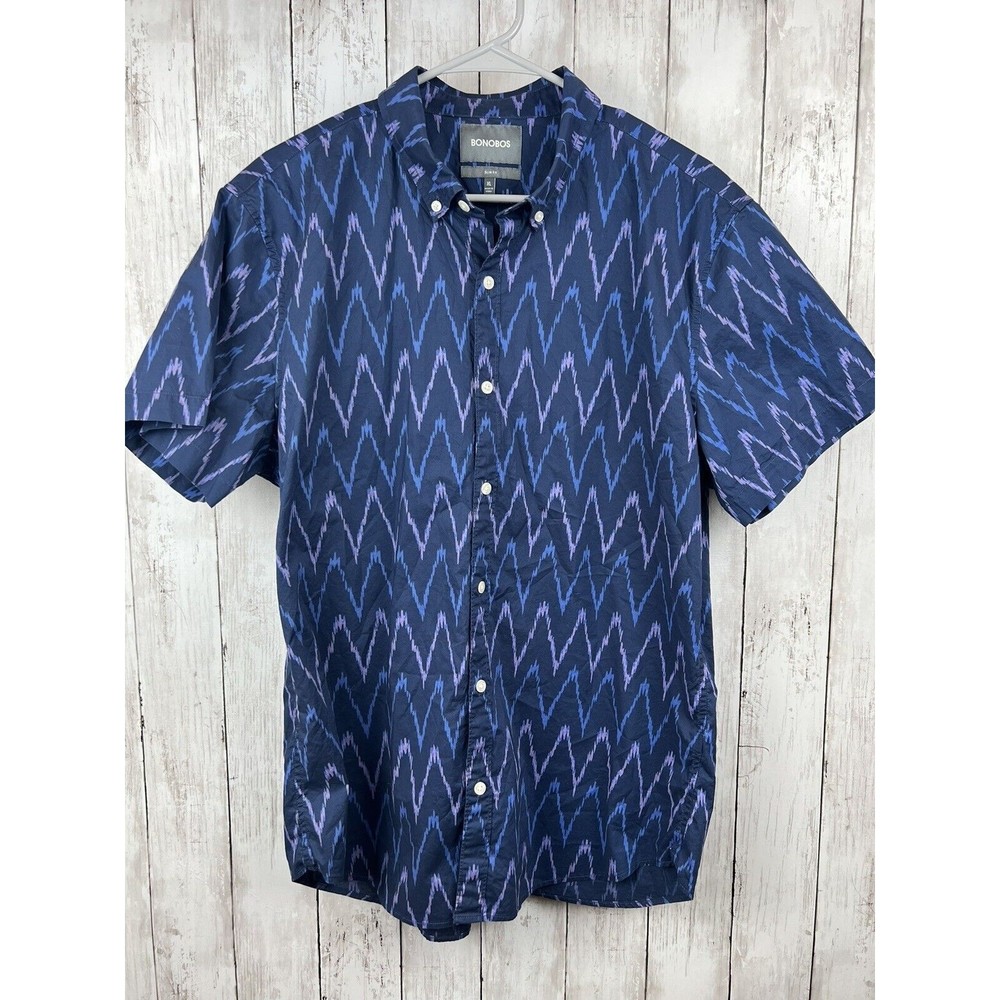 Bonobos Men's Shirt Blue XL Slim Fit Button Short Sleeve V Striped Cotton